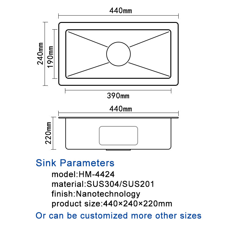 24x44cm undermount brushed handmade thickening modern single bowl stainless steel kitchen sink